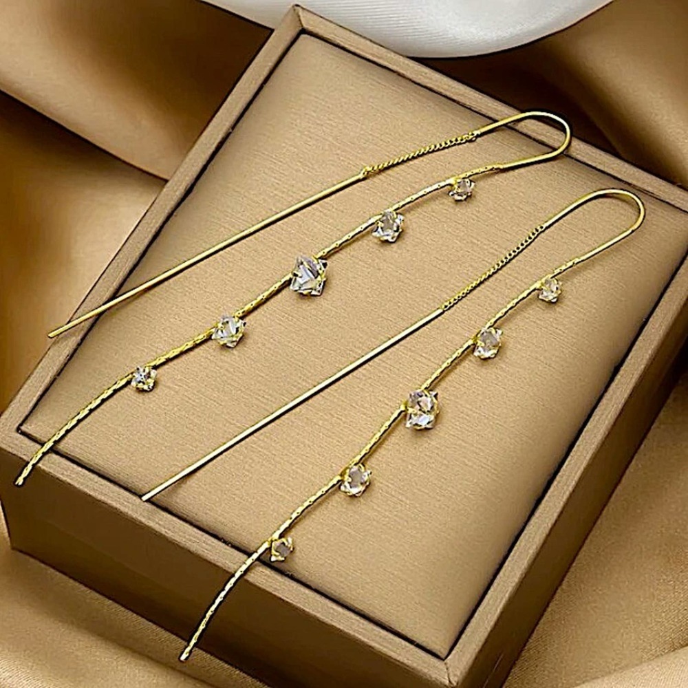 NEW GOLD CRYSTAL RHINESTONE THREADER EARRINGS - Picture 2 of 4